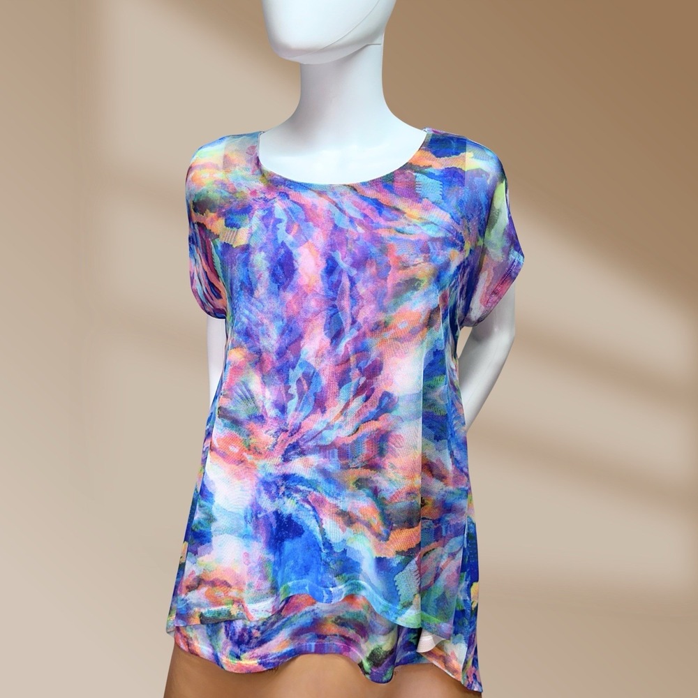 Chicos Womens Sz Chicos 1/Med WaterColor Painted Layered Flowy Comfortable Top